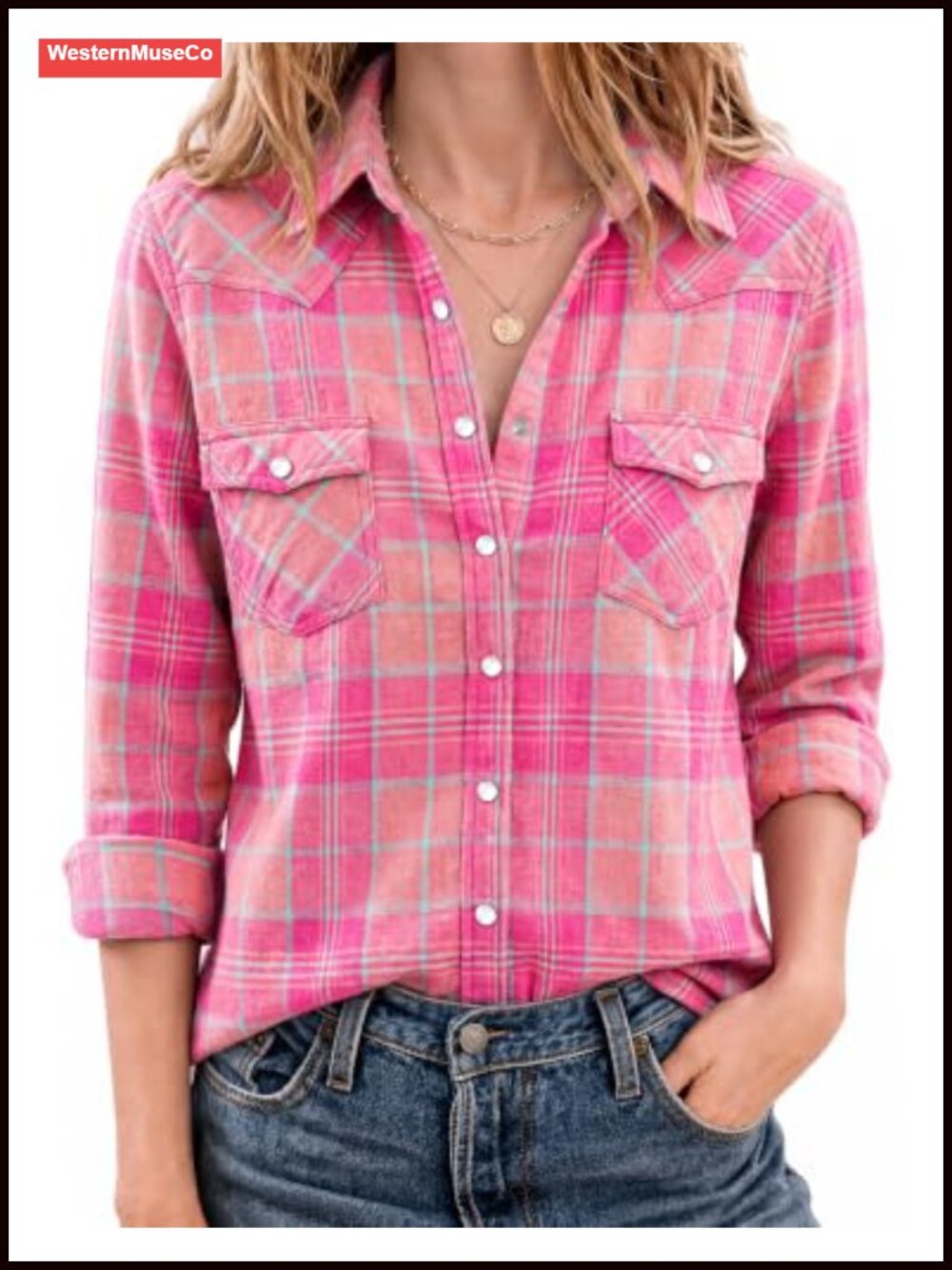 Long Sleeve Pearl Snap Plaid Flannel Shirt Snap Button Western